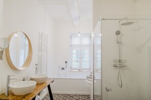 Hair dryer, towels, soap, toilet paper
