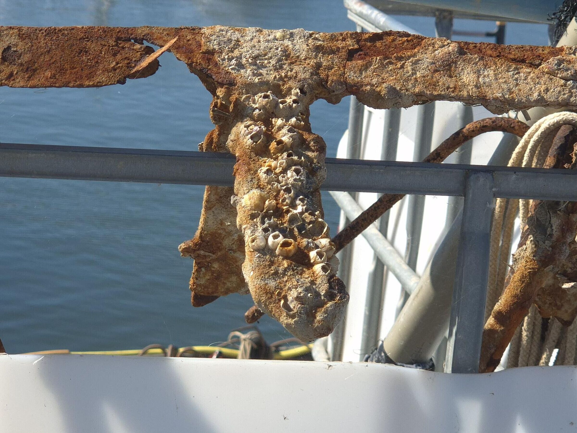 Una estructura metálica oxidada con textura rugosa y agujeros, probablemente parte del equipo de un barco.