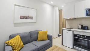Ein gemütlicher, kompakter Wohnraum mit einem grauen Sofa, gelben Kissen, einer kleinen Küchenzeile inklusive Herd und Mikrowelle sowie einem gerahmten Stadtbild an der Wand.