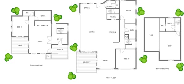 A floor plan of a hotel with two floors, including a balcony, deck, and various rooms like bedrooms, bathrooms, kitchen, and dining area.