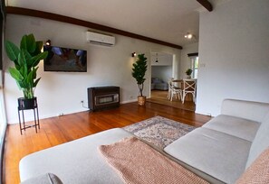 42-inch LED TV with cable channels, fireplace