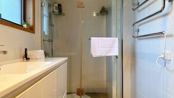 Shower, hair dryer, towels
