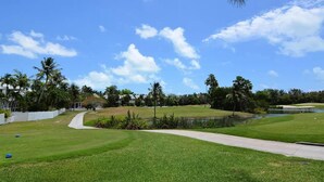 Un campo de golf bien cuidado con un camino despejado, césped verde exuberante y palmeras.