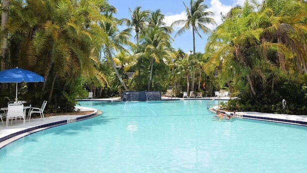 Piscina azul cristalina rodeada de palmeras, con sillas de descanso y una sombrilla azul.