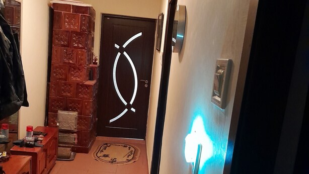 A hallway with a patterned carpet, a wooden cabinet, and a door with a unique design. - 2 Bed Appt-balcony-pet Friendly-city Centre (Focsani)