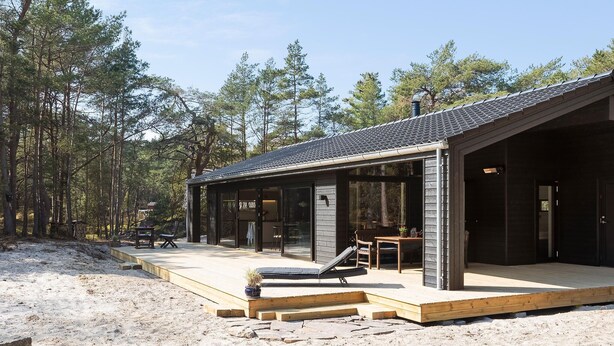 A modern cabin with a covered patio, large windows, and a view of a forested area.