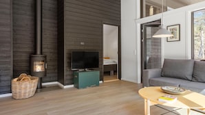 A modern living room with a wood-burning stove, a TV, a sofa, and a small table.