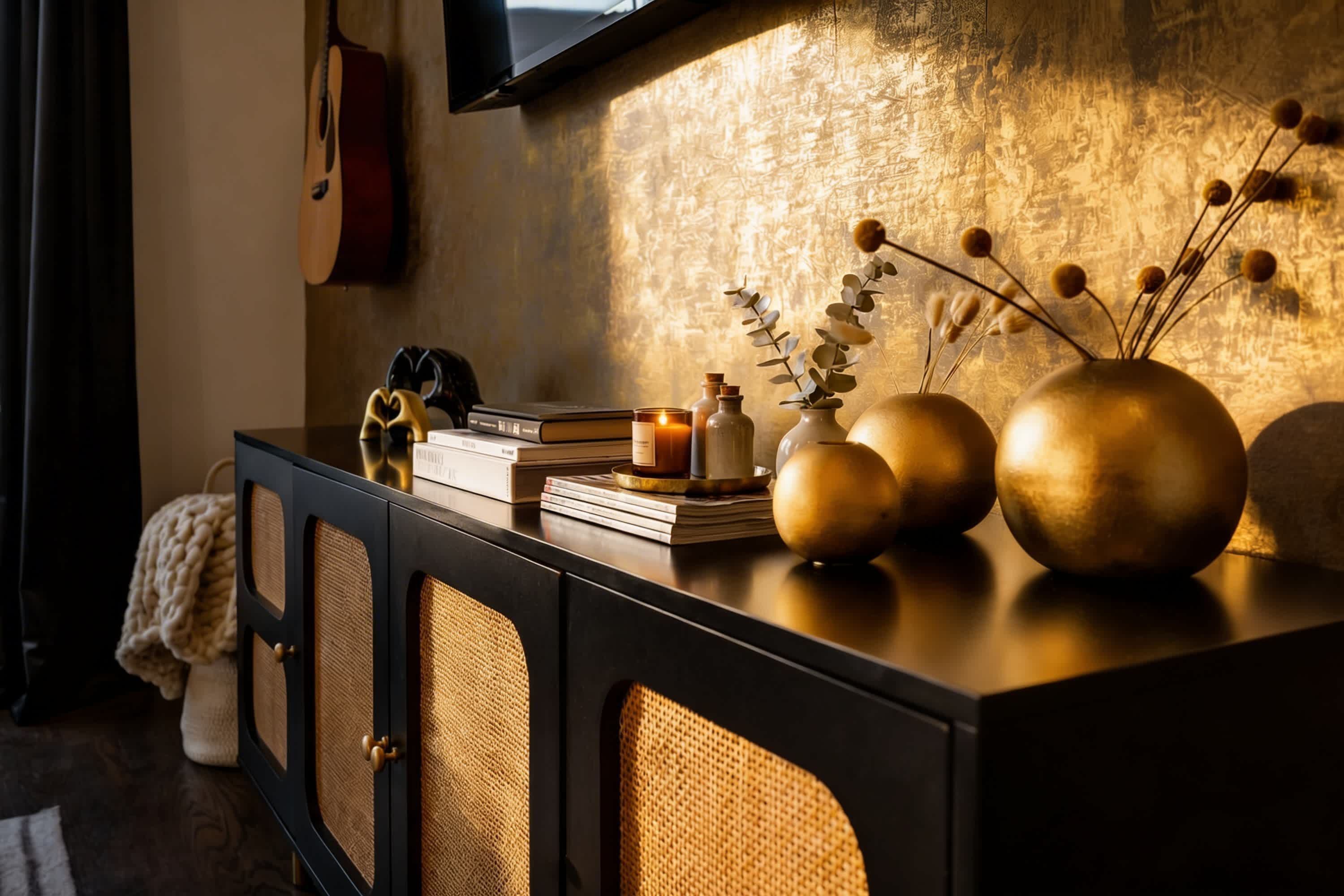 A dark wooden console with glass doors, books, candles, and decorative vases.