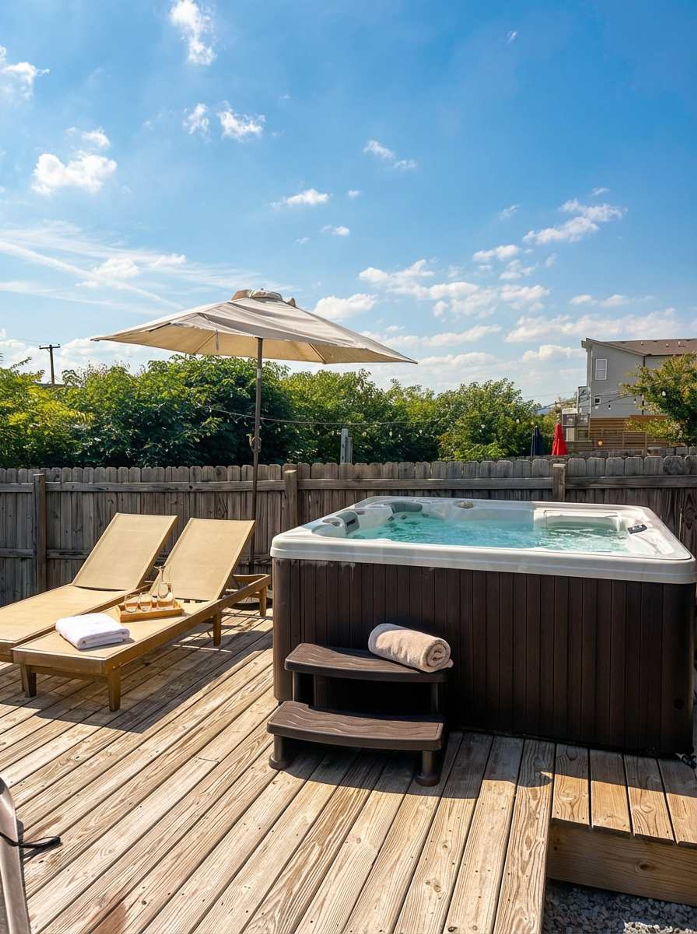 A wooden deck with a hot tub, two lounge chairs, and a patio umbrella.