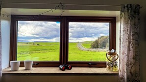 Ein Fenster mit Blick auf ein grünes Feld und eine kurvenreiche Straße.