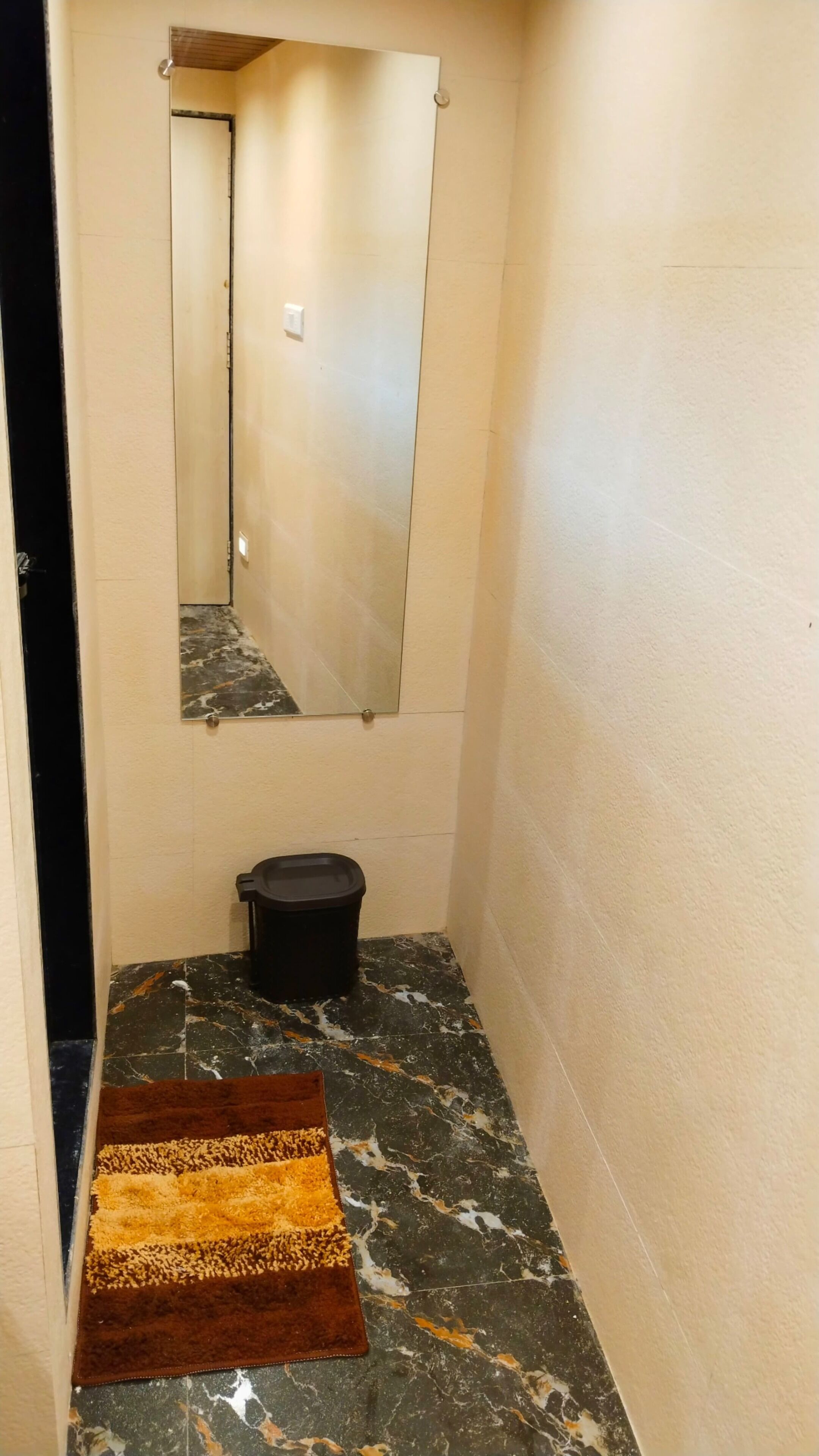Un estrecho pasillo con piso de mármol, un bote de basura negro, un tapete marrón y un espejo en la pared.