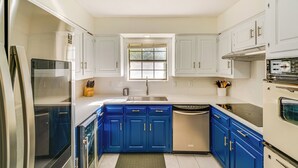 A modern kitchen with white and blue cabinets, stainless steel appliances, and a window above the sink. - Family Home w/ Patio in Irving: Pets Welcome! (Irving)