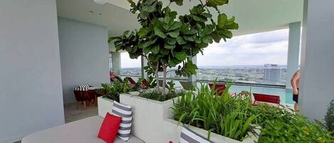 A modern indoor space with a seating area, plants, and a view of the city.