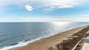 Een strand met een zandstrand en een heldere lucht.