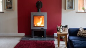 Ett modernt vardagsrum med en vedeldad kamin, en röd accentvägg, en blå soffa och ett litet bord med glas och en flaska.