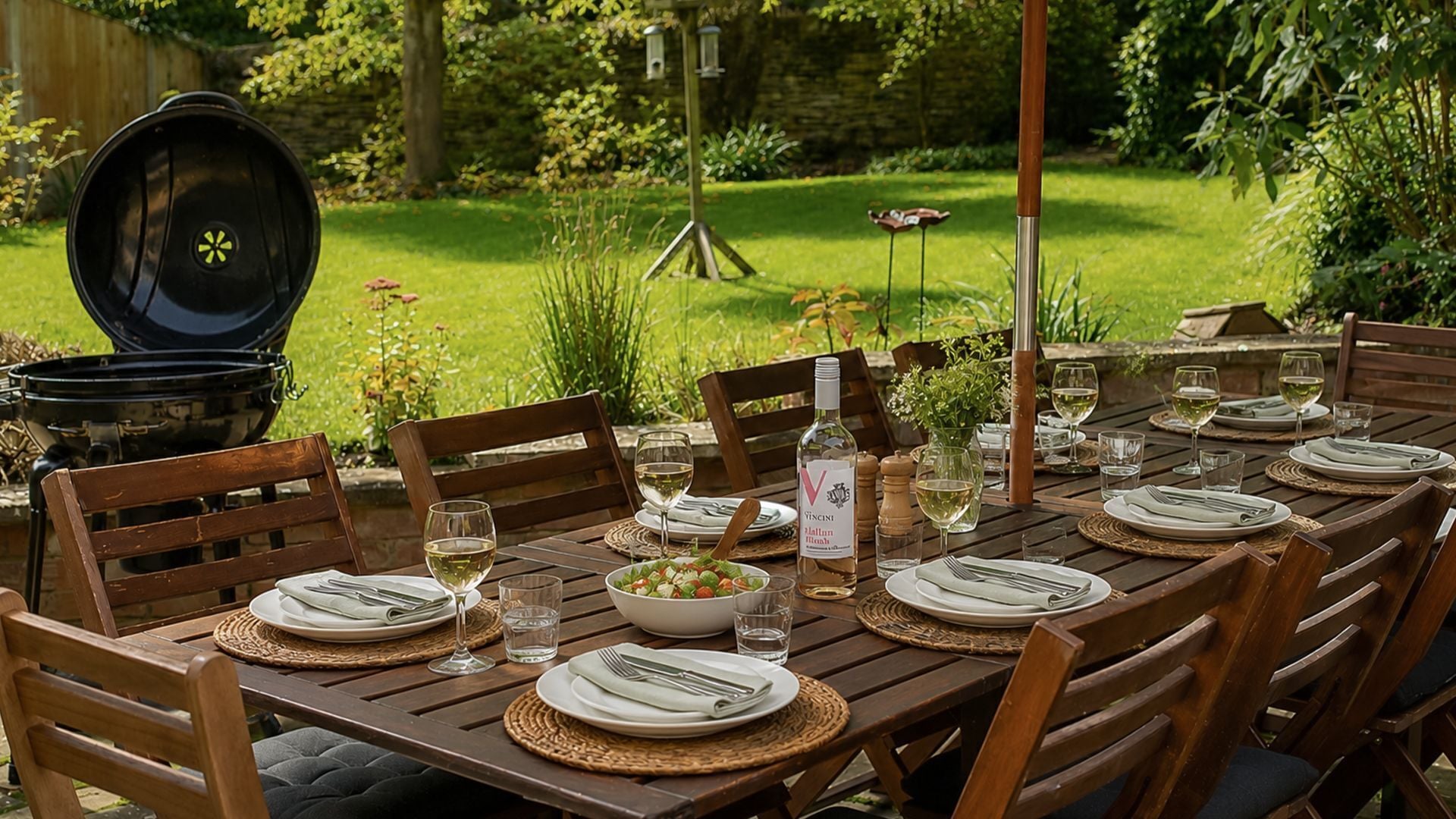 Un espacio de comedor al aire libre con una larga mesa de madera dispuesta para una comida, rodeada de sillas.