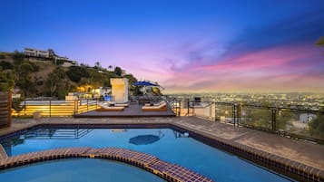 Outdoor pool, pool umbrellas, pool loungers