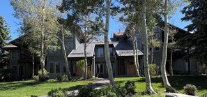 A multi-story residential building with a well-maintained lawn and mature trees.
