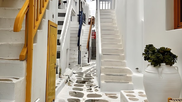 Eine schmale, weiß getünchte Gasse mit gepflastertem Boden, hölzernen Treppen und einem Blumentopf.