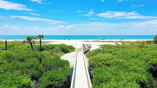 Un sentier qui mène à une plage de sable blanc bordée d’une eau d’un bleu limpide.