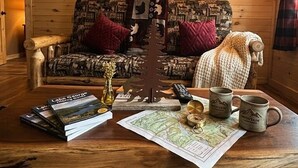 A cozy cabin interior with a wooden interior, a sofa with patterned cushions, a table with books, a map, and mugs. - The Lake George Inn (Lake George)