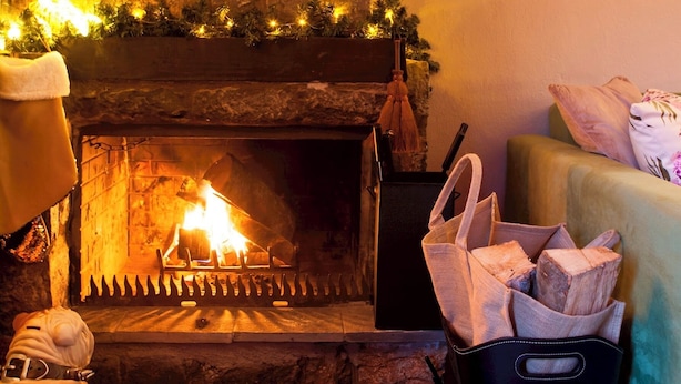 A cozy fireplace with a deer head decoration, a Christmas tree, and a dog statue.