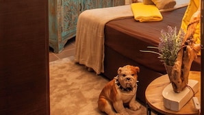 A bedroom with a bed, a television, a decorative mirror, a chandelier, and a dog.