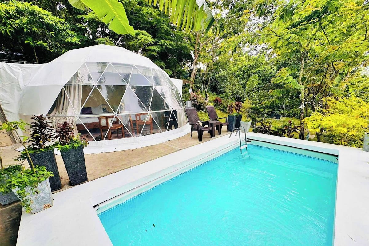 Un espace piscine agrémenté d’une tente blanche, de chaises longues et de plantes en pot.
