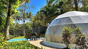 A geodesic dome structure with a pool and chairs in a garden setting. - Shanti Wellness Sanctuary (Lemery)