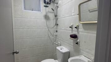 Hair dryer, towels, soap, toilet paper