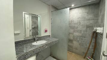 Une salle de bain dotée d’un lavabo avec un plan de travail en granit, d’un miroir et d’un espace douche séparé par une porte en verre.