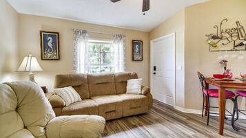 Smart TV, chimenea, libros y biblioteca musical