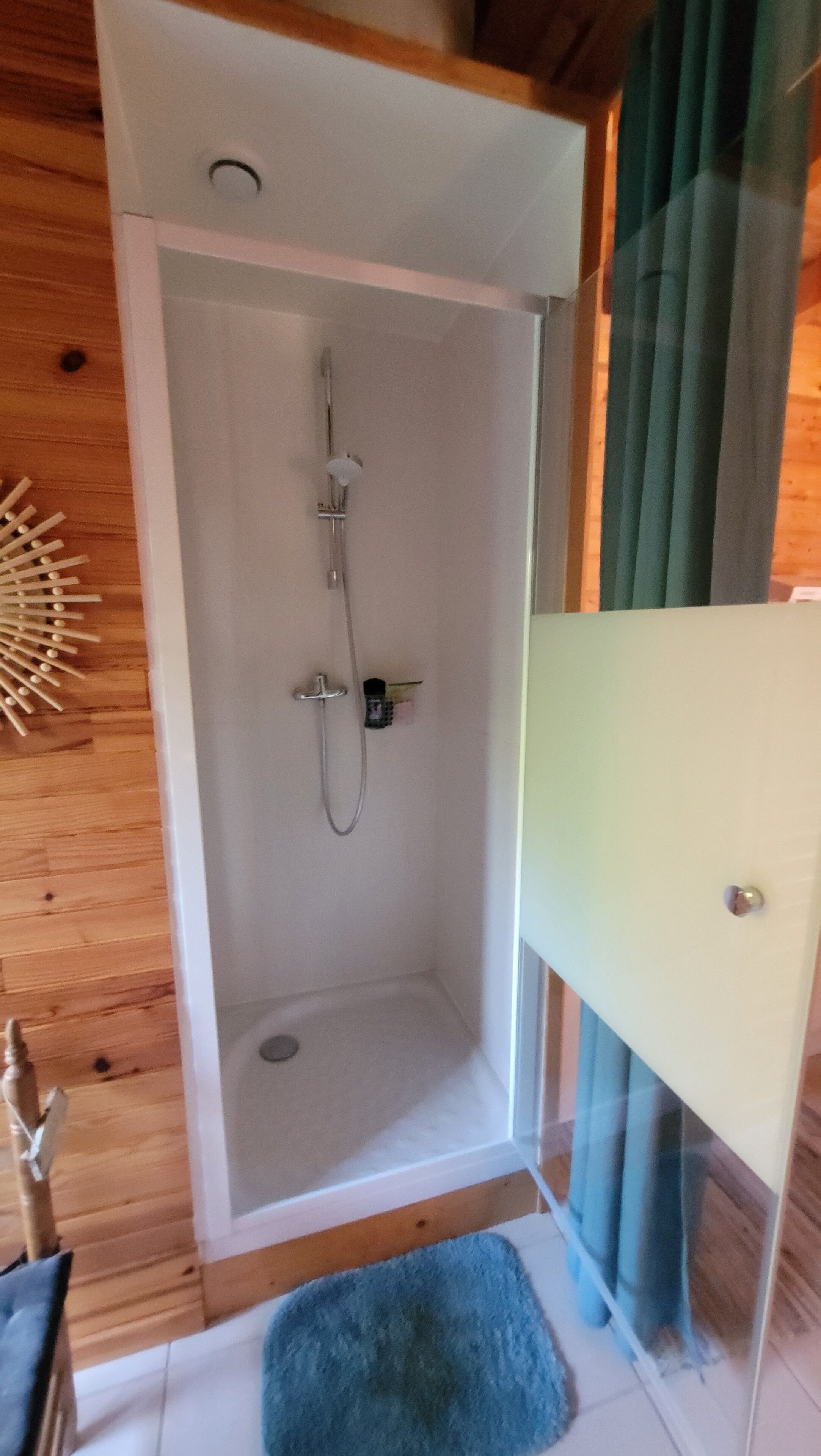 Une douche équipée d’un pommeau de douche et d’un robinet à main.