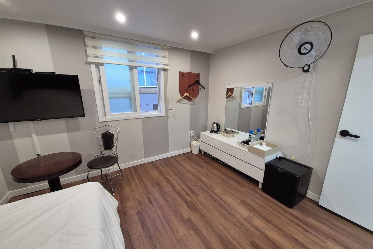 A bedroom with a bed, a TV, a dresser, a mirror, a fan, and a window.