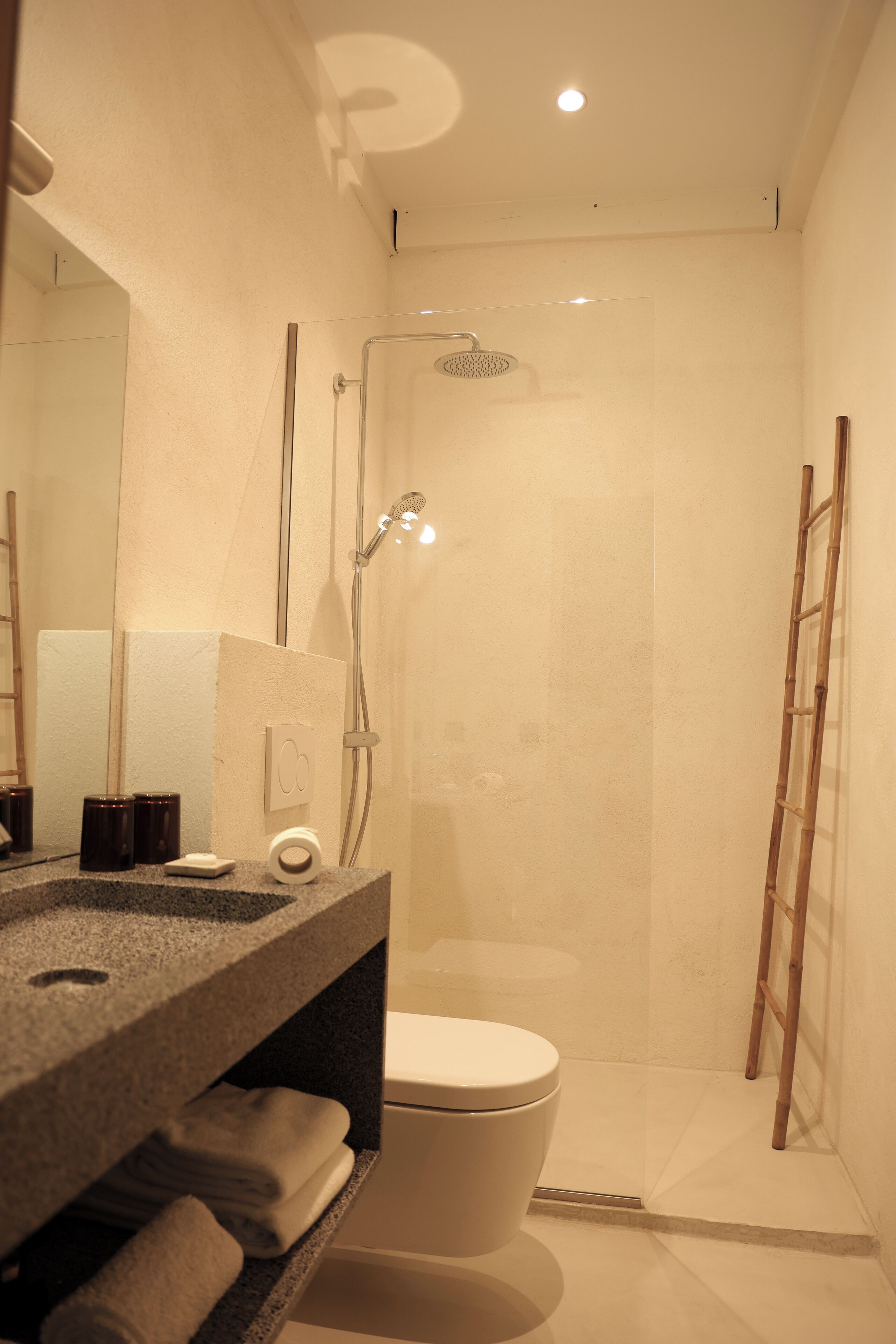 Une salle de bain moderne équipée d’une douche, de toilettes et d’un meuble-lavabo avec un miroir.