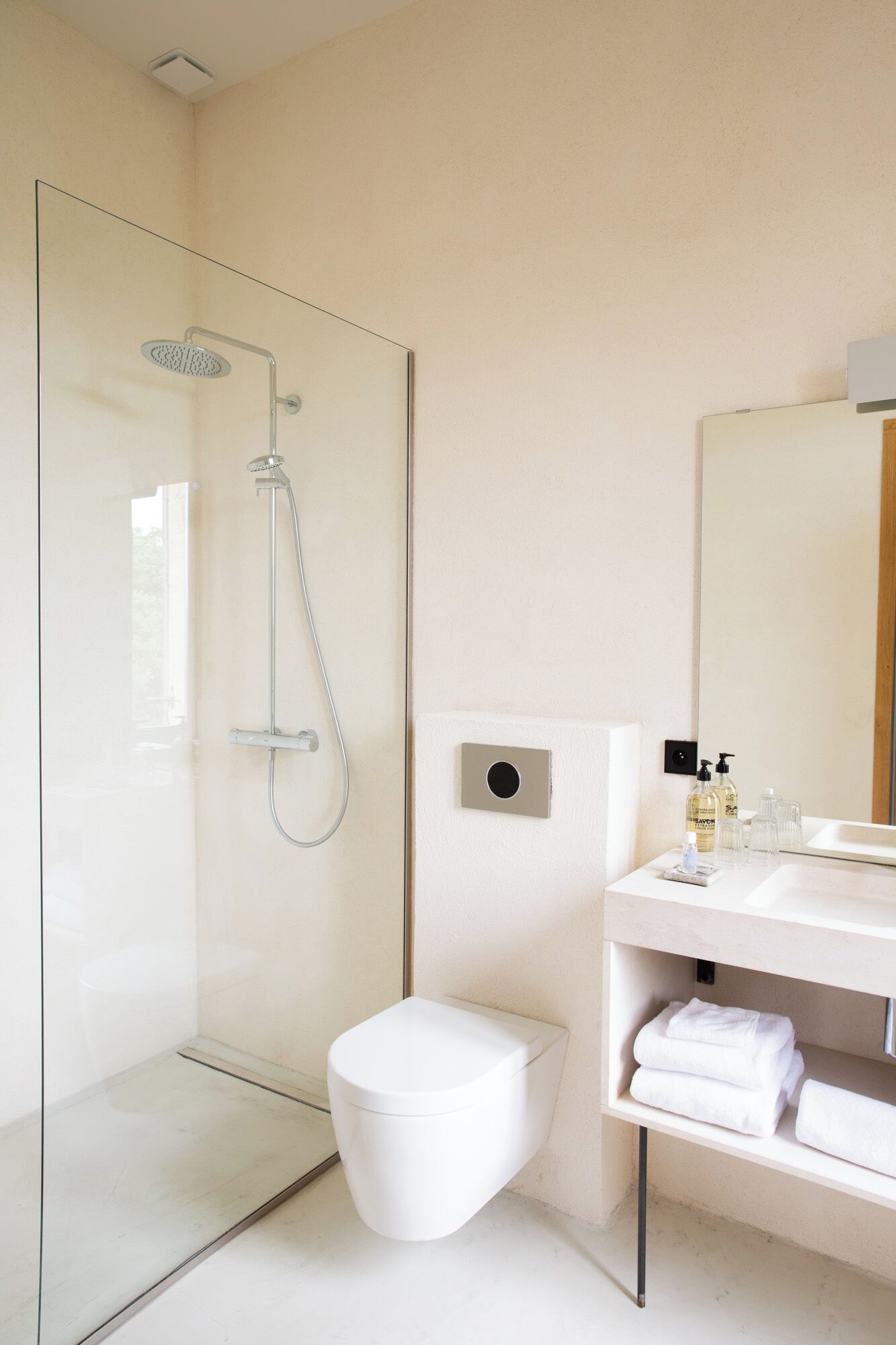 A modern bathroom with a glass shower enclosure, a white toilet, and a vanity with a mirror and toiletries.