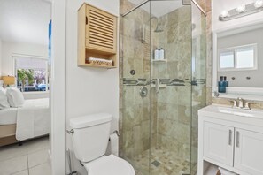 Shower, towels, soap, shampoo