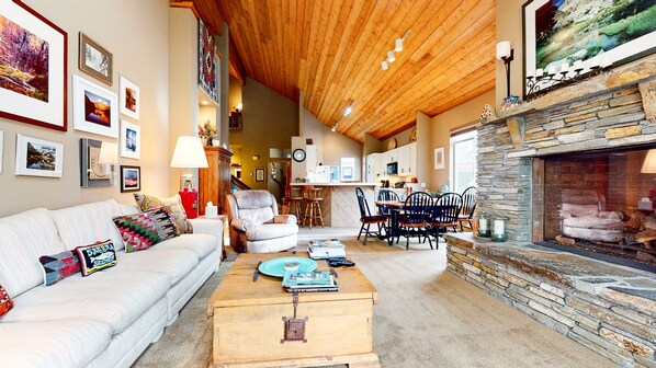 TV, fireplace, DVD player, books