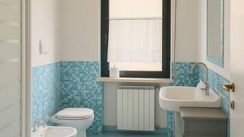 Shower, towels, soap, toilet paper