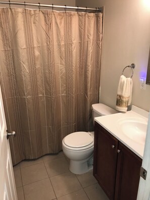 Hair dryer, towels, soap, toilet paper