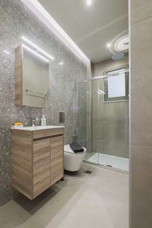 Shower, free toiletries, hair dryer, towels