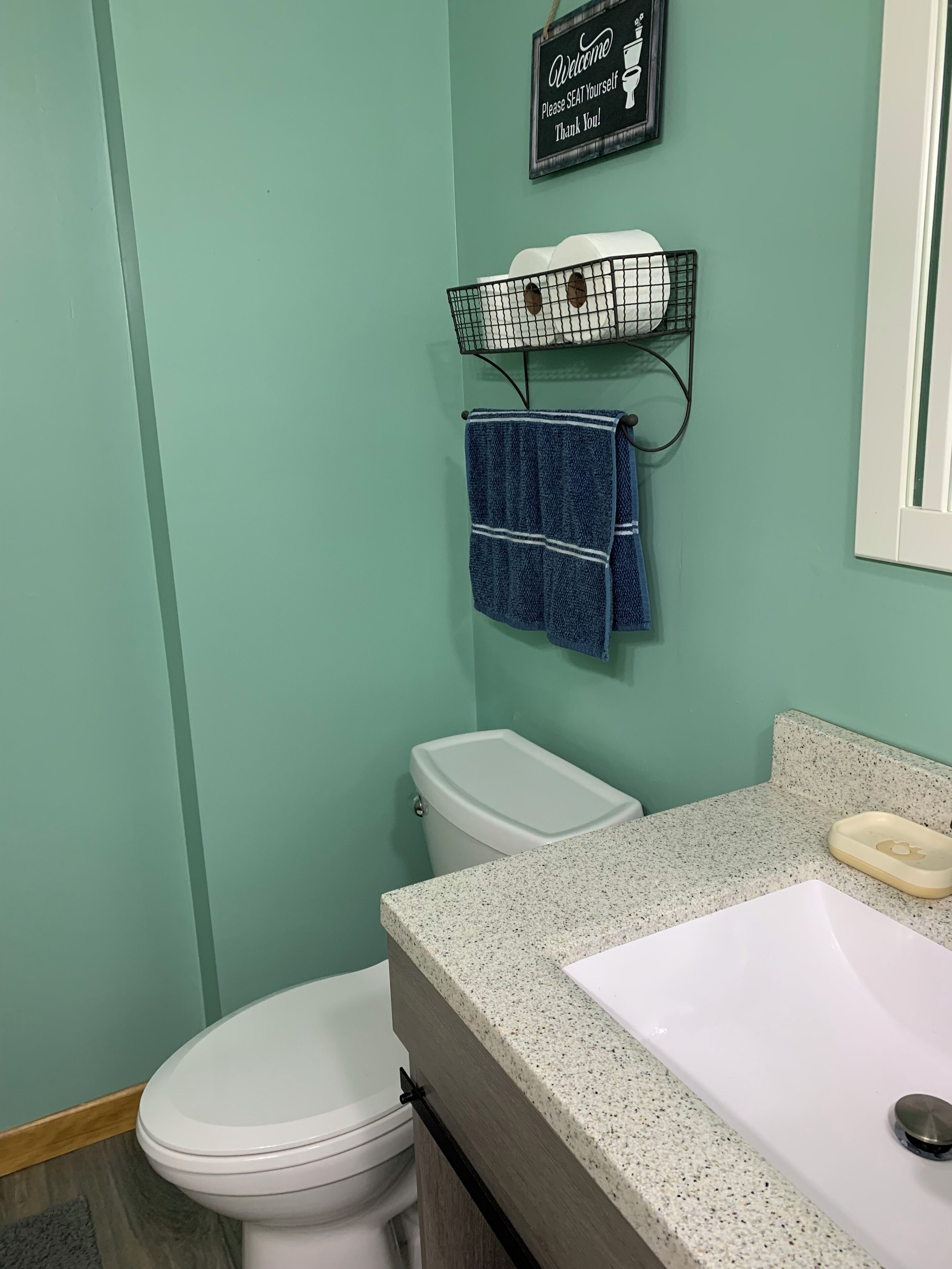 Un bagno con un water bianco, un piano di lavoro in granito, un lavandino e un porta asciugamani con un asciugamano blu.