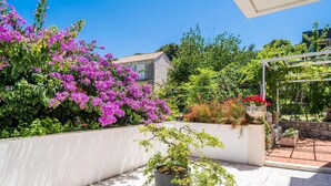 A garden with a variety of plants and flowers, a white wall, and a pergola structure. - Nice apartment in Zaton Veliki with WiFi (Zaton Veliki)