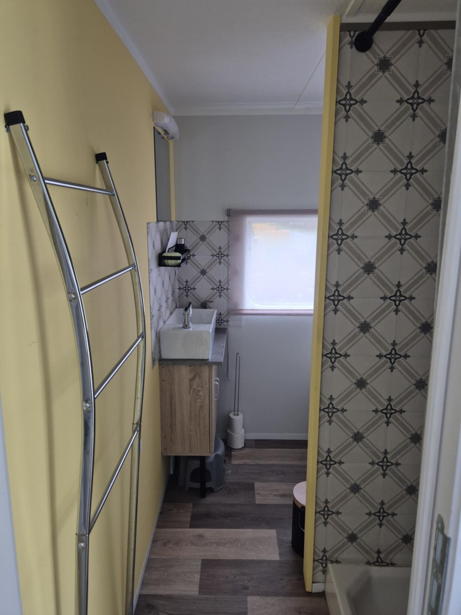 A narrow hallway with a metal ladder, a sink, and a toilet.