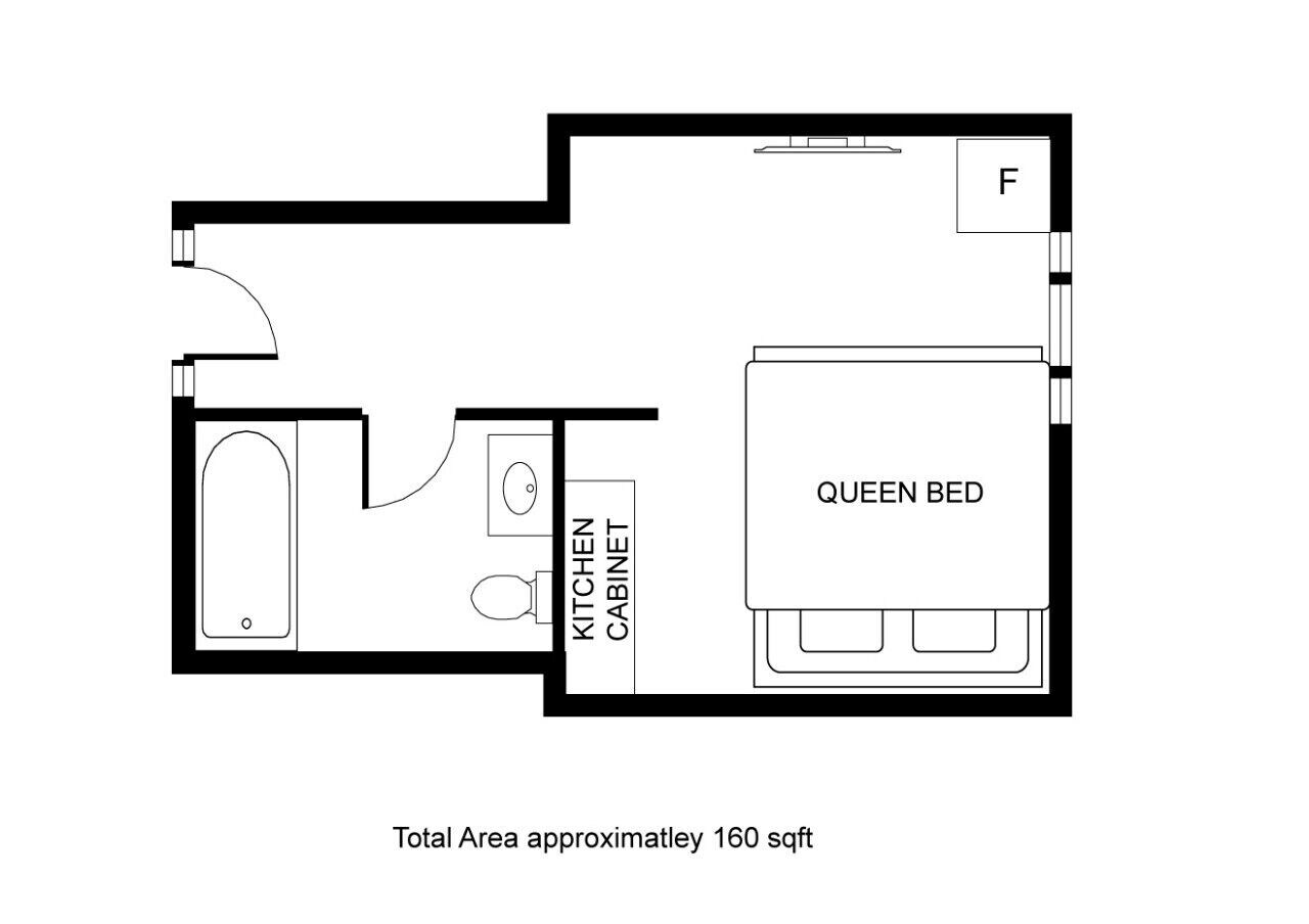 Plano de un cuarto de hotel con una cama tamaño reina, una kitchenette y un baño.