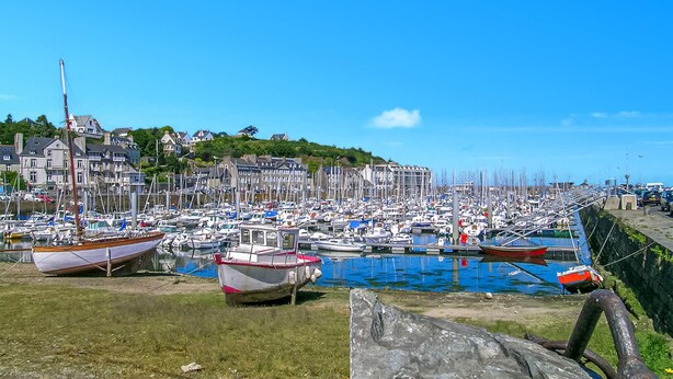 A marina with numerous boats docked, a grassy foreground, and buildings in the background. - Gorgeous home in Quessoy with WiFi (Quessoy)