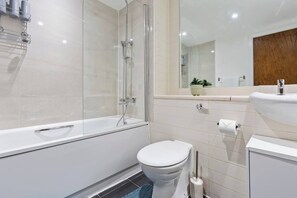 Hair dryer, towels, soap, shampoo