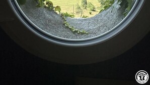 A circular window with a view of a green landscape, including hills and a clear sky.
