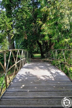 Cross a serene bridge surrounded by lush greenery and trees.