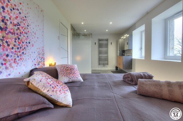 A modern bedroom with a large bed, a shower area, and a view of the kitchen.